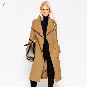 ASOS Coat With Funnel Neck And Belt In Wool - Camel